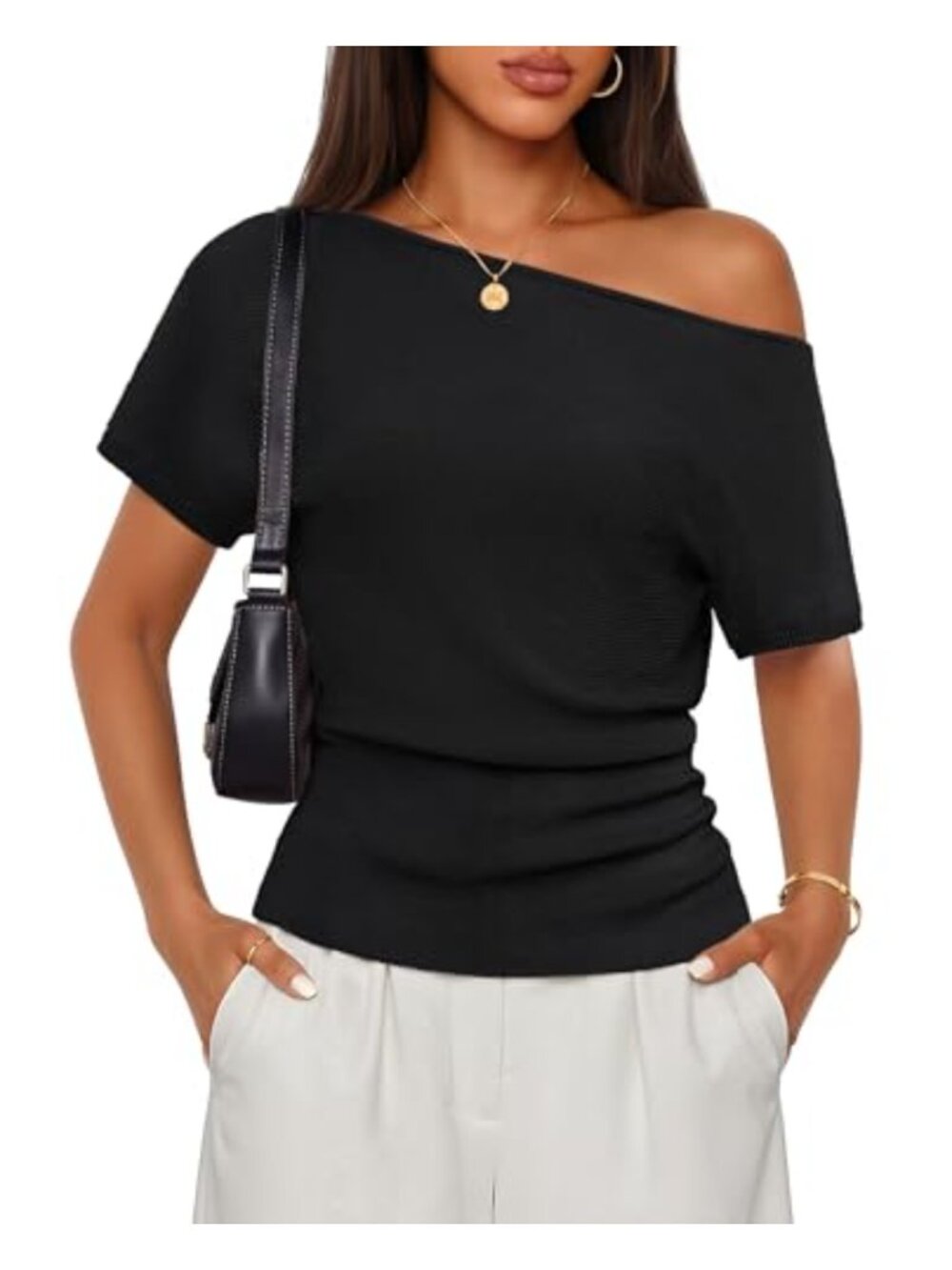 Off the Shoulder Short Sleeve Sweater Top Ruched Knit Going Out Shirt